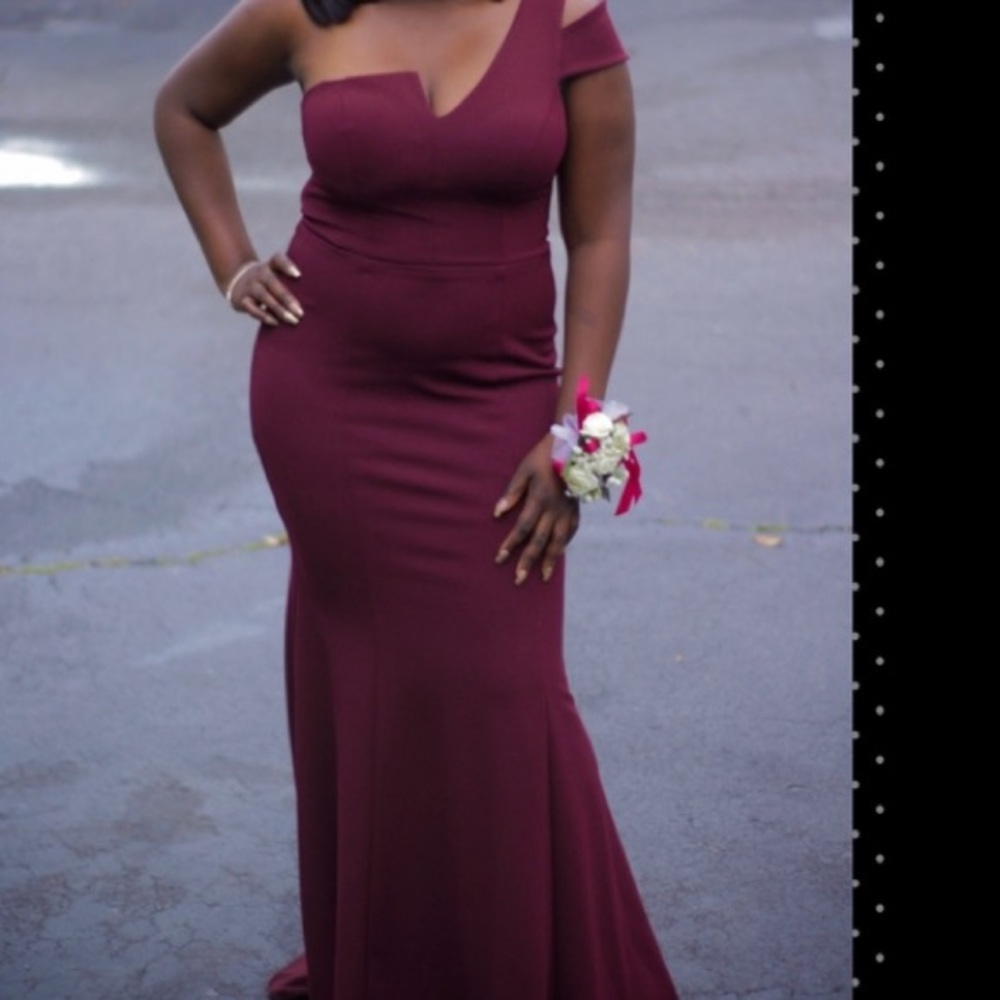 One strap burgundy prom dress